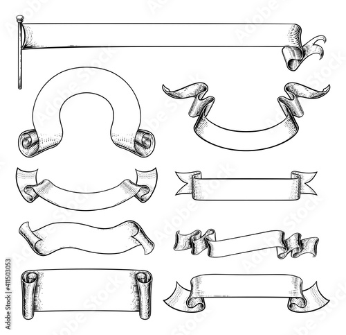 A set of scrolls, flags, paper banners and parchment ribbons in a vintage retro woodcut style