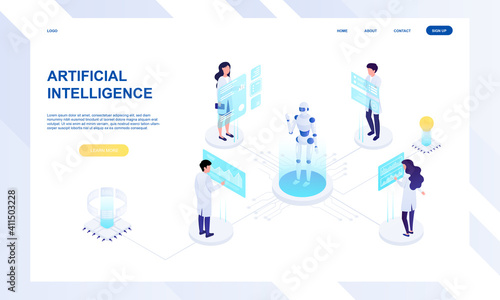 Male and female characters work on artificial intelligence development. Concept of cyborg manufacture, robotics future. Website, web page, landing page template. Isometric cartoon vector illustration