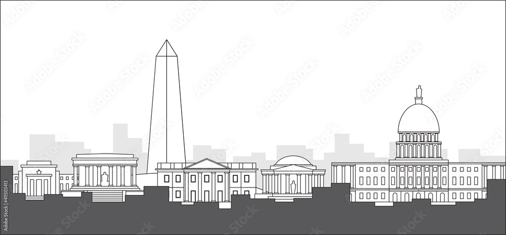 Washington DC skyline, District of Columbia, USA. Flat design vector illustration.