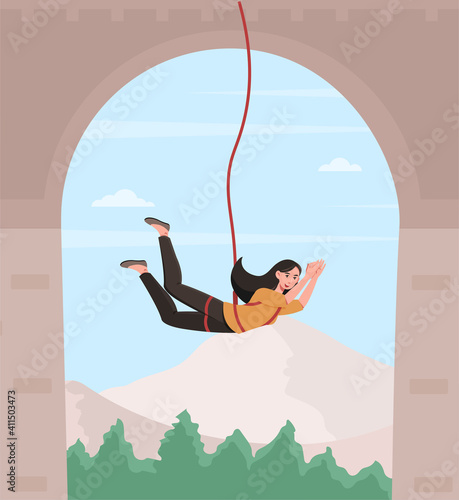 Happy female character is bungee jumping from a bridge. Young fearless woman is enjoing bungee jumping from a bridge on the rope. Concept of extreme sports. Flat cartoon vector illustration
