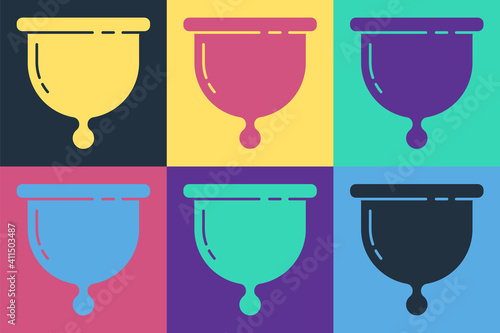 Pop art Menstrual cup icon isolated on color background. Feminine hygiene. Protection for woman in critical days. Vector.
