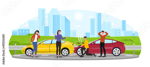 Two men and two women are having car accident. Angry and fierce men are checking automobile damage on the highway. Flat cartoon vector illustration