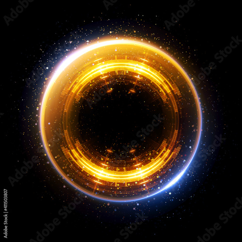 Vivid abstract background. Beautiful design of rotation frame. .Mystical portal. Bright sphere lens. Rotating lines. Glow ring. .Magic neon ball. Led blurred swirl. Spiral glint lines. HUD