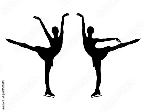 elegant slim woman performing figure skating sport exercise - beautiful girl in motion black vector silhouette set