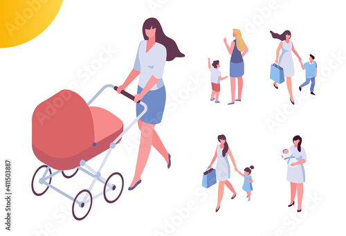 Parents with children isometric people set isolated on white background. Happy family with kids together, mother with pram. Parenting. Mother care.