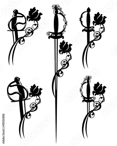 romantic fairy tale small sword and sabre blade entwined with rose flower black and white vector silhouette and outline design set