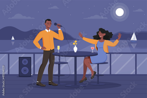 Male character singing for his girlfriend on romantic date. Woman watching performance and drinking wine. Concept of creative evening with full moon on the background. Flat carton vector illustration