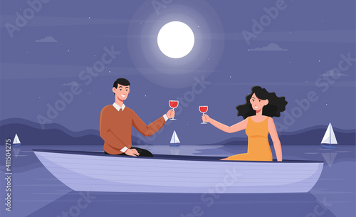Smiling couple on a romantic night date in boat. Concept of creative evening. Male and female characters in love spending night at the lake drinking wine in boat. Flat cartoon vector illustration