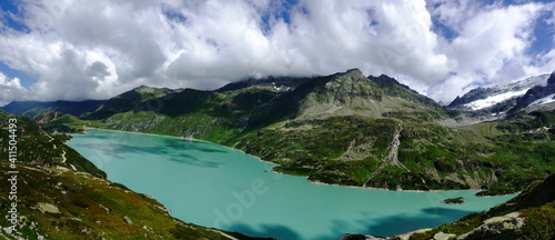 wonderful turquoise lake in the mountains view from above panorama