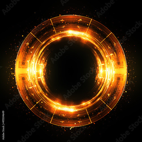 Vivid abstract background. Beautiful design of rotation frame. .Mystical portal. Bright sphere lens. Rotating lines. Glow ring. .Magic neon ball. Led blurred swirl. Spiral glint lines. HUD