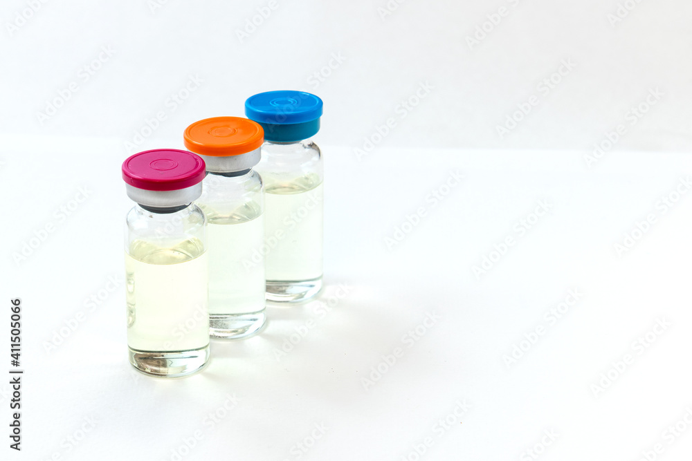 Coronavirus vaccine,vial,dose, flu shot drug, vaccination hypodermic injection on white background.