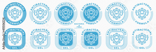 Concept for product packaging. Marking - antibacterial formula. The bacterium icon with wings is a symbol of freedom. Vector set.