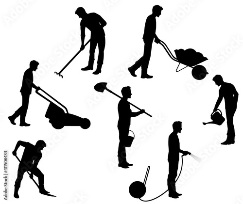 Silhouettes of a planting farmer or gardener with tools: shovel, wheelbarrow, rake, hose, lawn mower, bucket, can