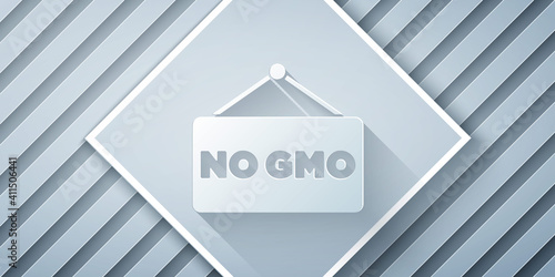Paper cut No GMO icon isolated on grey background. Genetically modified organism acronym. Dna food modification. Paper art style. Vector.