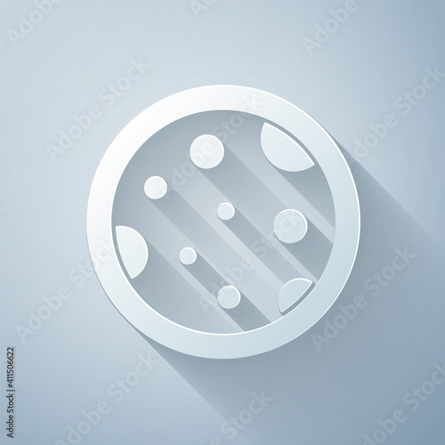 Paper cut Petri dish with bacteria icon isolated on grey background. Paper art style. Vector.