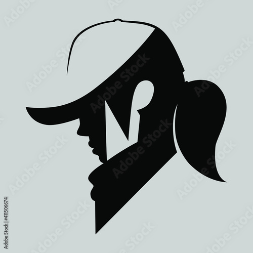 Fashion girl wearing a baseball cap and a bandana portrait symbol on gray backdrop. Design element