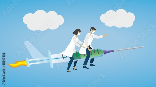 Health care people flying on syringe. Vector illustration. EPS10. Dimension 16:9.