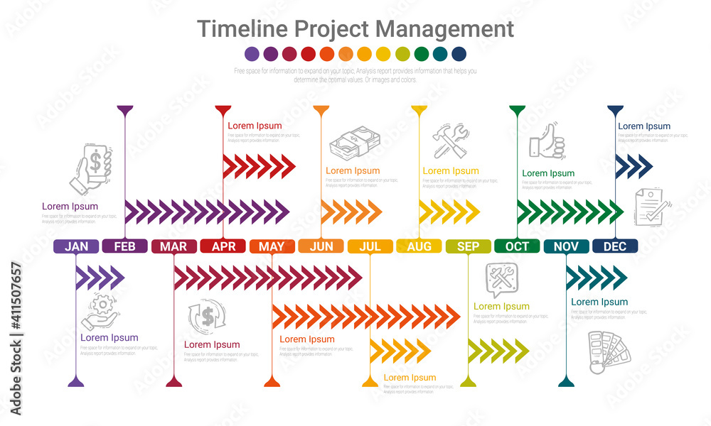 Project timeline graph for 12 months, 1 year, All month planner design and Presentation business project.