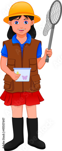 cute girl looking for and catching butterflies. cute girl carrying a jar and a catcher