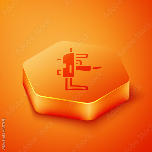 Isometric MP9 submachine gun icon isolated on orange background. Automatic weapon. Orange hexagon button. Vector.