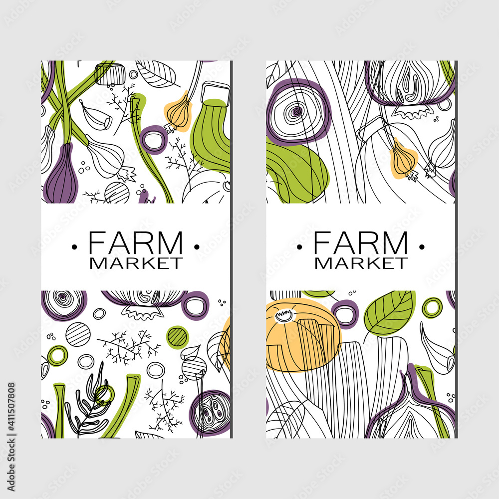 Vertical banner set of vegetables vector illustration in scandinavian style. Linear graphic. Vegetables background. Healthy food isolated on grey background.