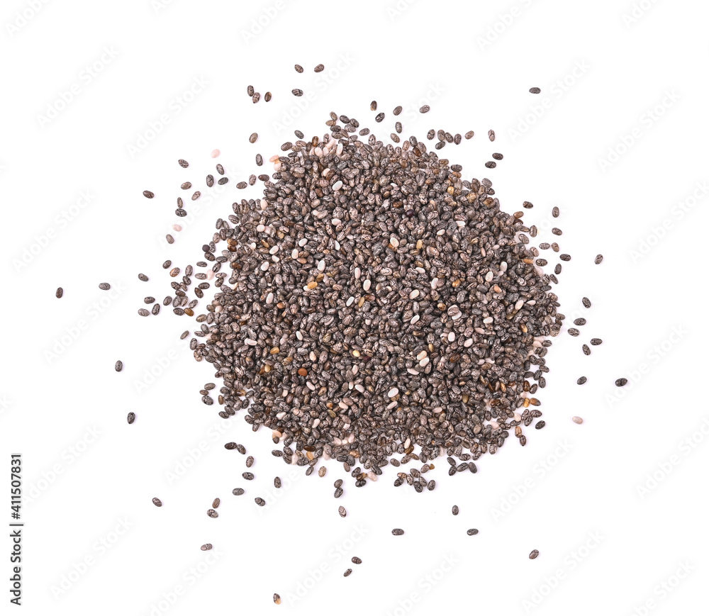 Chia seeds isolated on white background. Top view Chia seeds isolated on white background. Top view