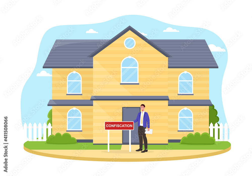 Male character is confiscating big house. Concept of judging auction of real estate house attached to mortgage and confiscated with debt. Flat cartoon vector illustration Male character is confiscating big house. Concept of judging auction of real estate house attached to mortgage and confiscated with debt. Flat cartoon vector illustration