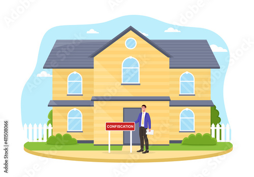Male character is confiscating big house. Concept of judging auction of real estate house attached to mortgage and confiscated with debt. Flat cartoon vector illustration