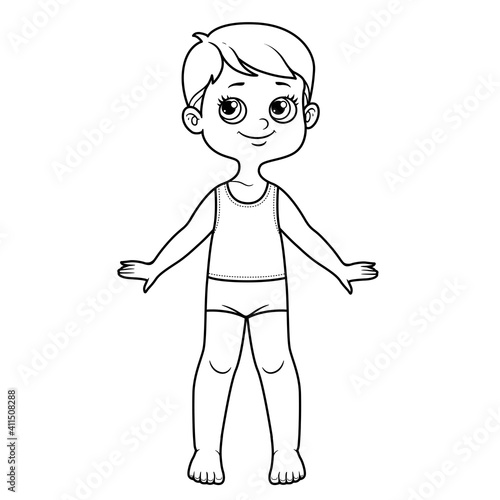 Cute cartoon boy dressed in underwear barefoot outline for coloring on a white background
