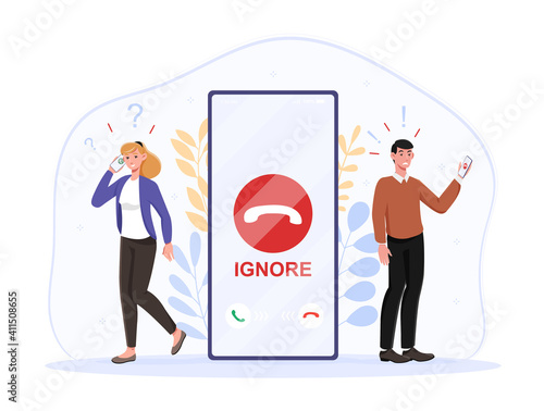 Male character is ignoring incoming call trying to avoid unpleasant conversation with girlfriend. Woman is confused because of boyfriend ignore. Flat cartoon vector illustration
