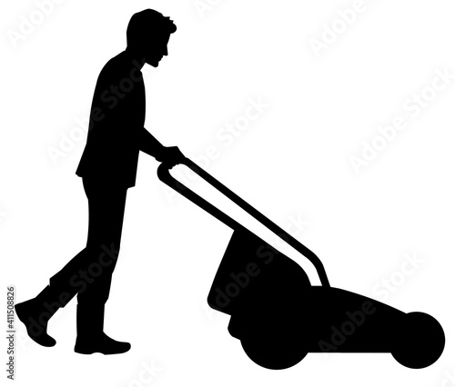 Isolated vector silhouette of a gardener with a lawn mower cutting grass