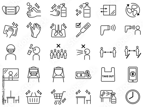 スーパーや店で使える感染対策アイコン　線画　ピクトグラム　Infectious Disease Control Icon, Coronavirus Control