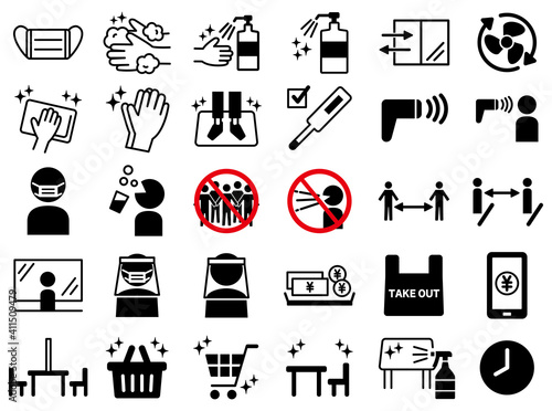 スーパーや店で使える感染対策アイコン　ピクトグラム