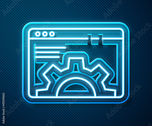 Glowing neon line Browser setting icon isolated on blue background. Adjusting, service, maintenance, repair, fixing. Vector Illustration.