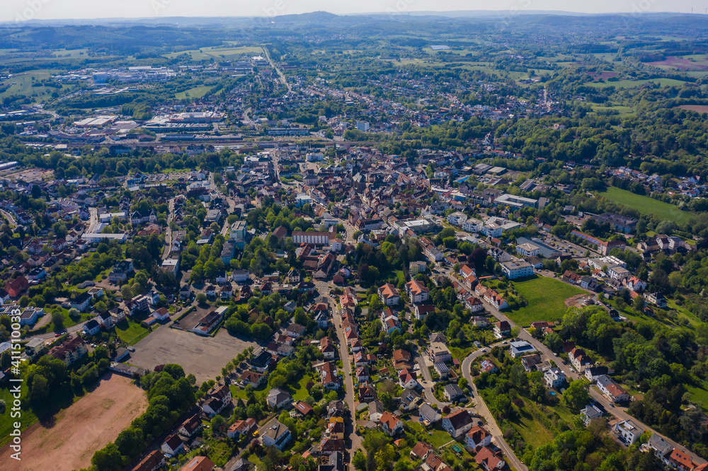 Aerial view around the city Sankt Wendel  in Germany on a sunny spring day