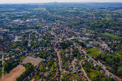 Aerial view around the city Sankt Wendel in Germany on a sunny spring day