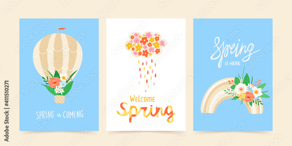 Spring set of illustrations balloon with bouquet of flowers, cloud and rainbow with flowers. Design concept of the arrival of spring. Collection of colorful posters, postcards. Vector