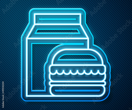 Glowing neon line Online ordering and burger delivery icon isolated on blue background. Vector Illustration.