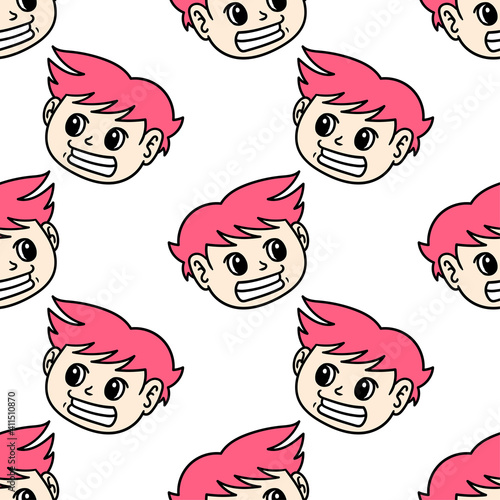 a pink haired man with a greasy face seamless pattern textile print. repeat pattern background design