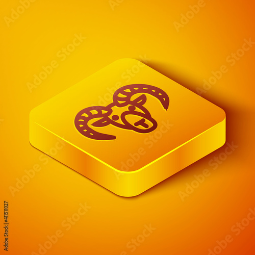 Isometric line Head of goat or ram icon isolated on orange background. Mountain sheep. Animal symbol. Yellow square button. Vector.