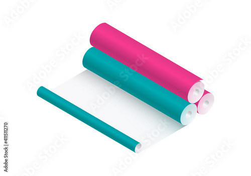 Isometric vector illustration wallpaper rolls isolated on white background. Realistic colorful rolls of wallpaper icon in flat cartoon style. Wallpaper sticking. Renovation and reconstruction.