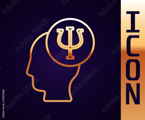 Gold line Psychology icon isolated on black background. Psi symbol. Mental health concept, psychoanalysis analysis and psychotherapy. Vector.