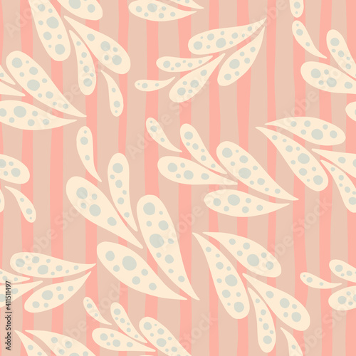 Random seamless pattern with light pink oriental nature ornament. Pink striped background. Simple design.