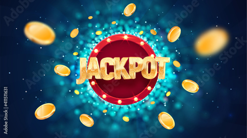 Jackpot golden text on retro red board vector banner. Winning vector illustration. Win congratulations illustration for casino or online games. Explosion coins on dark blue background 