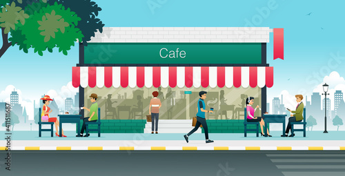 Male and female workers eating in city cafes.