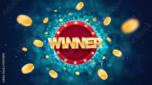 Winner gold text on retro red board vector banner. Win congratulations in frame illustration for casino or online games. Explosion coins on dark blue background with blur motion effect