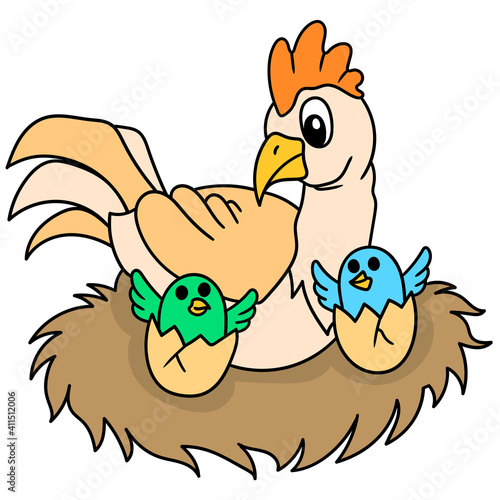 happy chickens with newborn chicks, doodle icon image kawaii