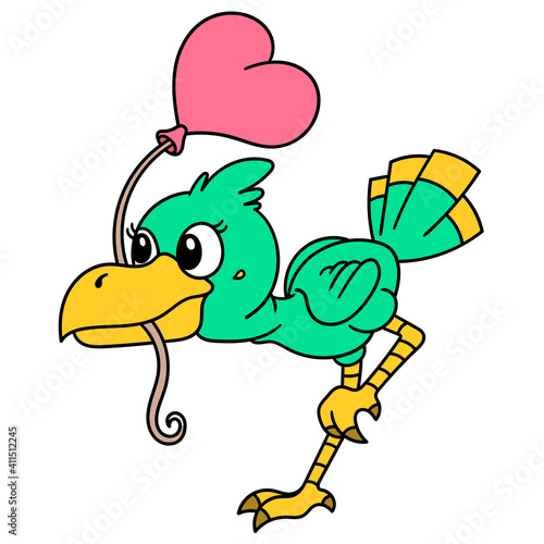 ostrich cub carries a love balloon in its beak, doodle icon image kawaii
