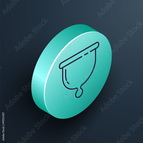 Isometric line Menstrual cup icon isolated on black background. Feminine hygiene. Protection for woman in critical days. Turquoise circle button. Vector.