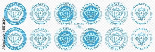 Concept for product packaging. Labeling - antibacterial formula and hygienic protection. The bacterium icon with wings is a symbol of freedom. Vector set.